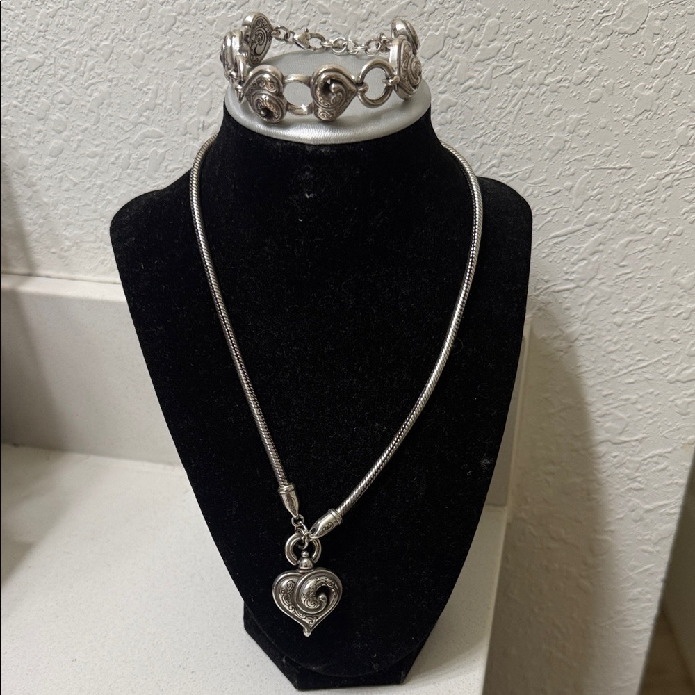 Brighton Silver Heart Pendant Necklace with Matching Heart-Link Bracelet